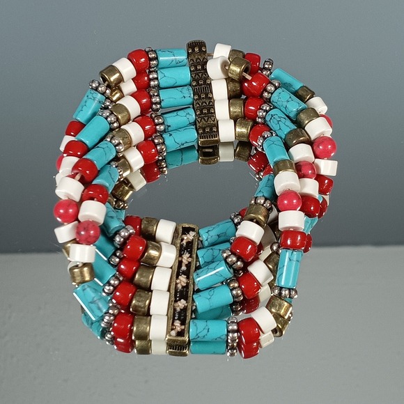 Bohemian Beaded Stretch Bracelet Turquoise Red White Gold Tone Beads - Picture 2 of 3